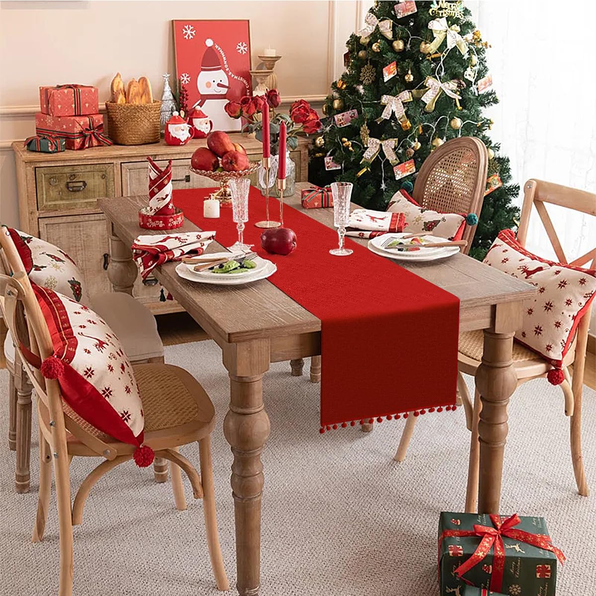SevenFish Rustic Burlap Table Runner, 14x72 inch Red with Pom Pom for Christmas, Valentine's Day, Wedding & Home Decor