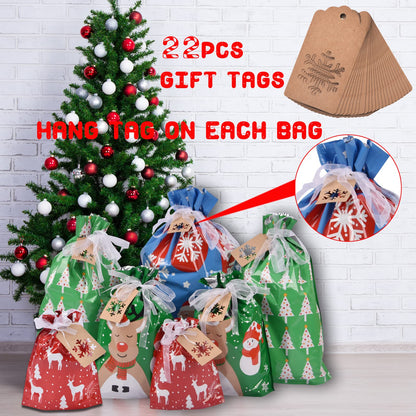 Christmas Gift Bags Assorted Sizes, 22pcs Drawstrings Christmas Bags For Gifts, Presents Wrapping Bags Favor Goody Bags Reusable Plastic Xmas Holiday Gift Bag Bulk Extra Large/Big/Medium/Small Size