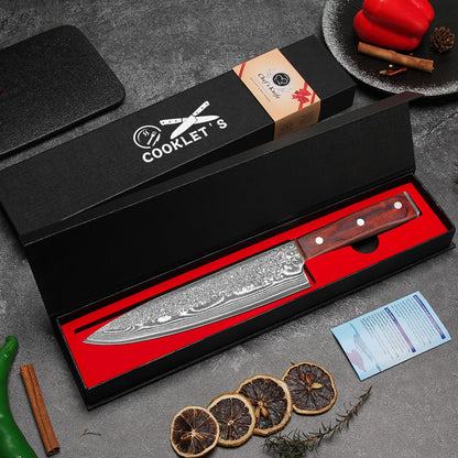 COOKLET'S Chef Knife, 8 Inch Professional VG10 Damascus High Carbon Stainless Steel Ultra Sharp Chef Knife, Vegetable Meat Kitchen Cooking Knife, G10 Ergonomic Color Wooden Handle with Luxury Gift Box