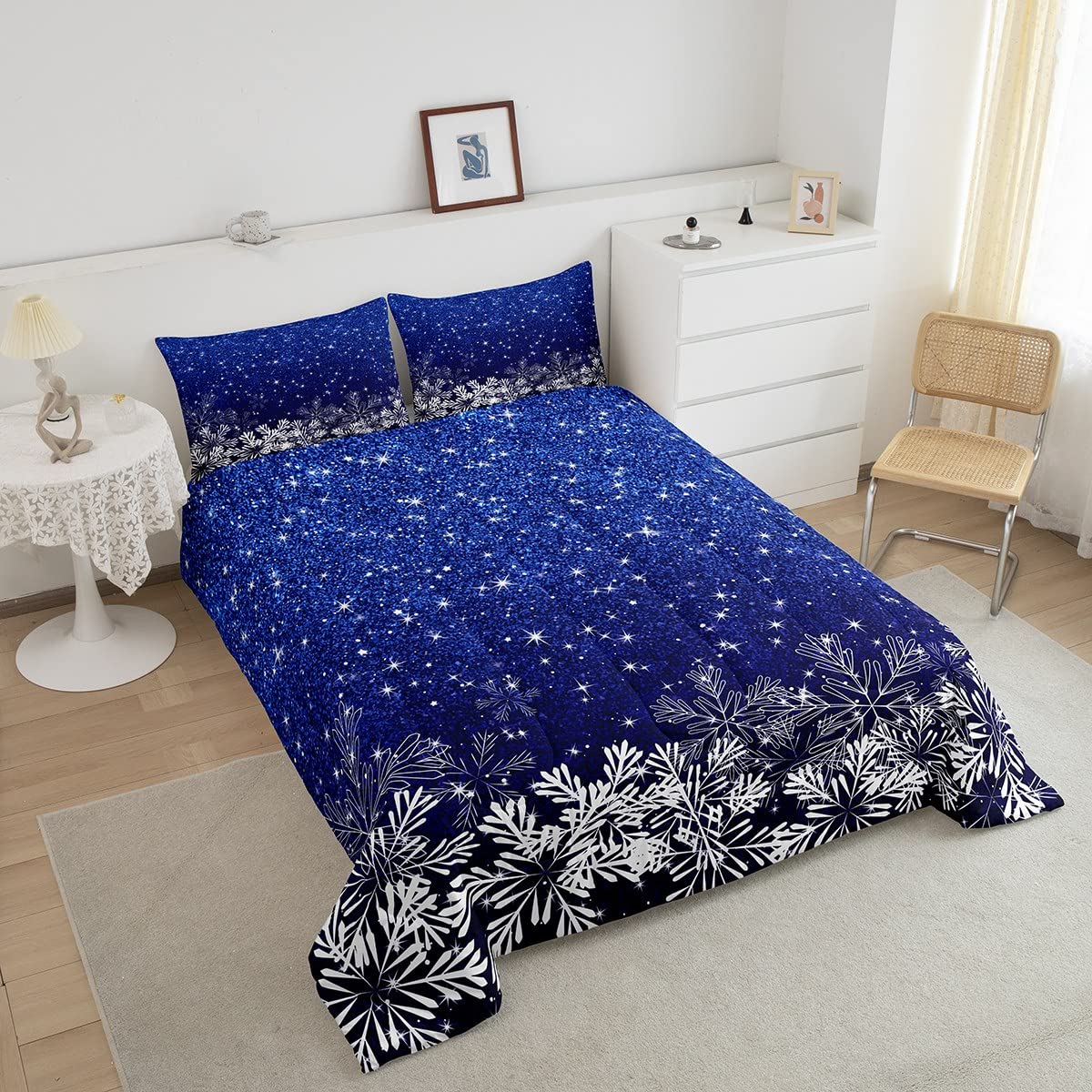 Castle Fairy Blue Glitter Comforter Set Queen Size,Sparkling Star Galaxy Quilt Set Winter Snowflake Bedding Set 3pcs for Girls Kids Women Bedroom Decor,Gradient Ultra Soft Duvet Insert,2 Pillowcases
