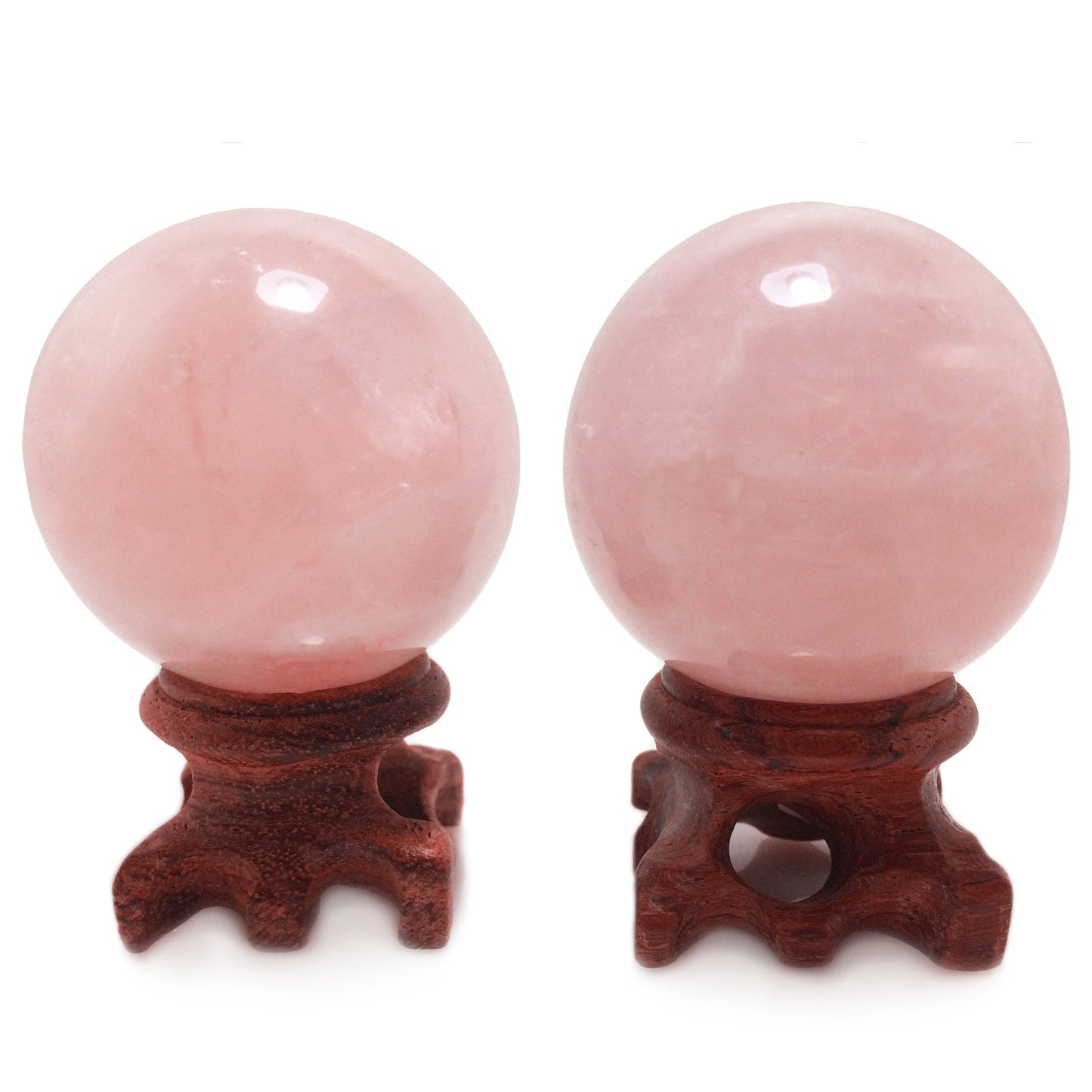 Polar Jade Set of 2 Natural Rose Quartz Crystal Spheres with Wooden Stands, Hand-Polished 45 mm (1.8”) Display Balls for Meditation, Feng Shui & Mindful Décor