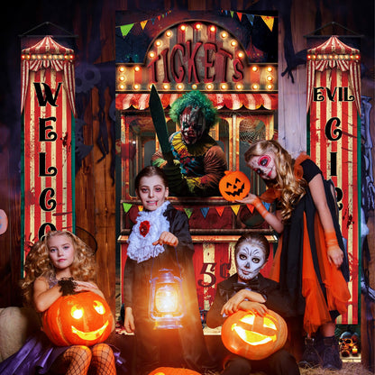WovWeave 3 Pcs Halloween Creepy Carnival Decorations Include 2 Evil Circus Porch Banner and Scary Ticket Booth Circus Theme Door Cover for Halloween Backdrop Hanging Theme Party Outdoor Decorations