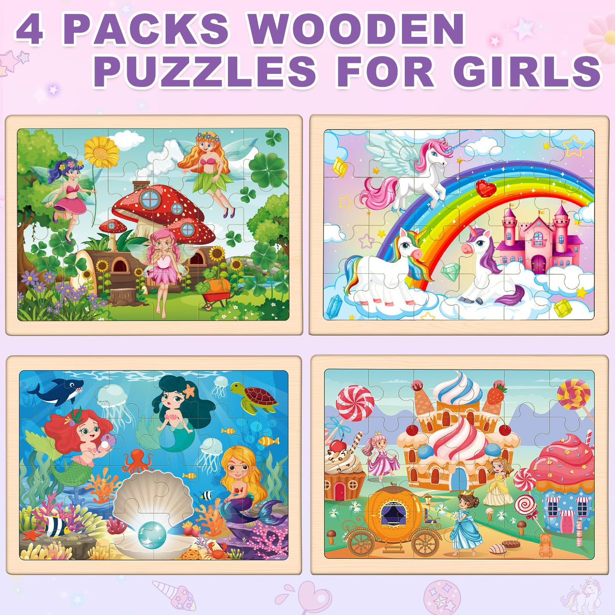 Wooden Princess Puzzles for Kids Age 3 4 5 Year Old, 4 Pack 24 Pcs Montessori Toddler Jigsaw Puzzles for Girl boy Activities Preschool Learning Educational Birthday Gift Travel Autistic Wooden Toys