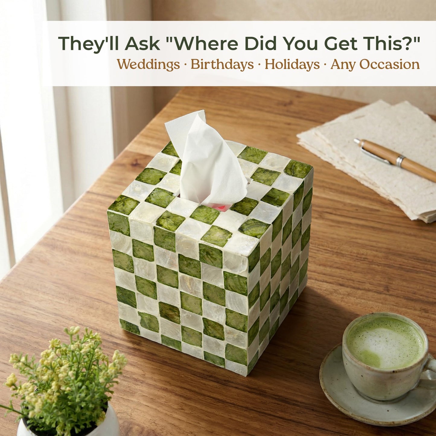 5.7" Square Tissue Box Cover for Kleenex and More, Handmade Green & White Checkered Capiz Shell Tissue Holder, Decorative Cube Tissue Box Cover for Bathroom, Living Room, Bedroom or Office (Natural)