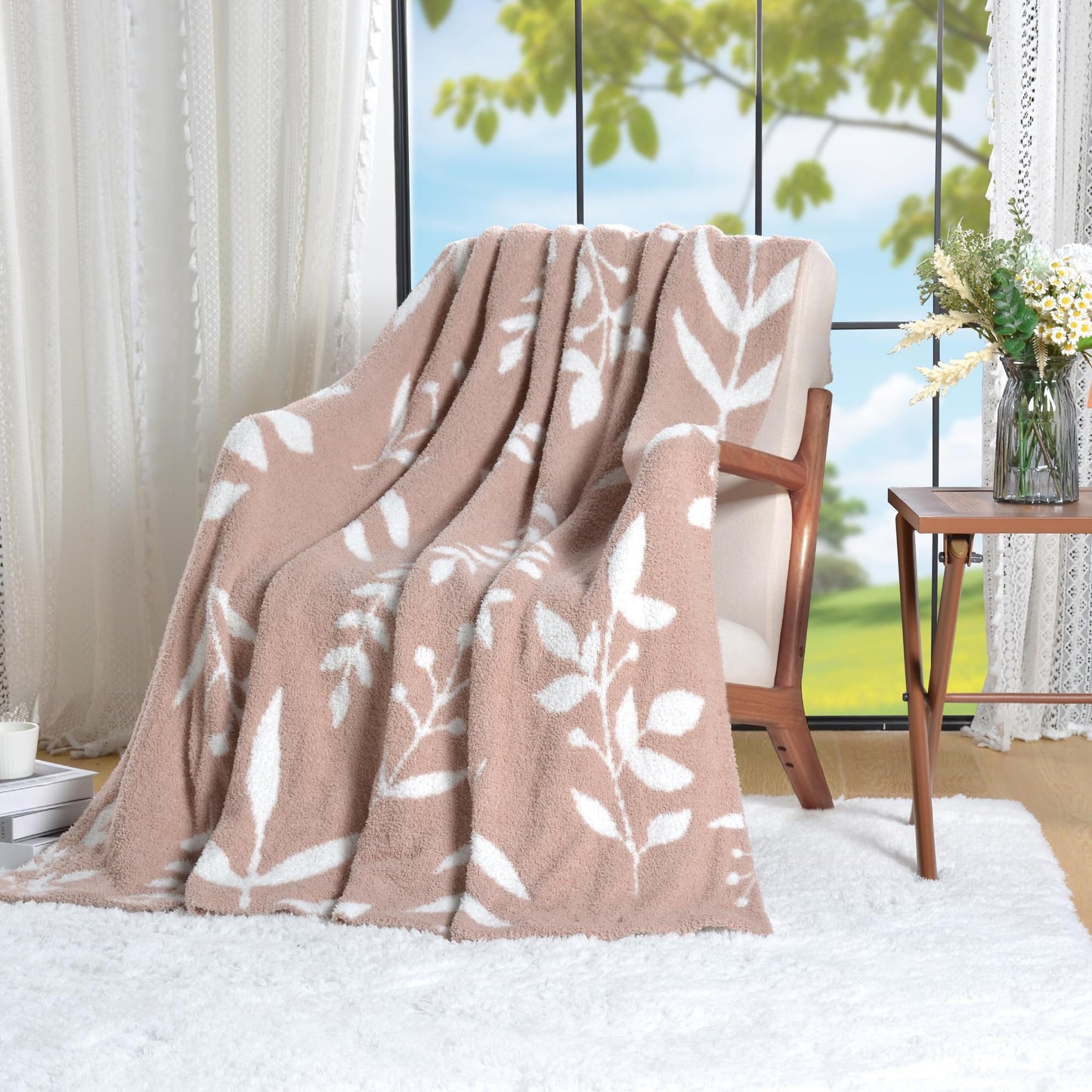 Leaf Pattern Throw Blanket Soft Cozy Spring Blanket for Bed, Couch, Sofa Lightweight Breathable Stylish Seasonal Home Decor Blanket Dusty Rose 50x60 Inches