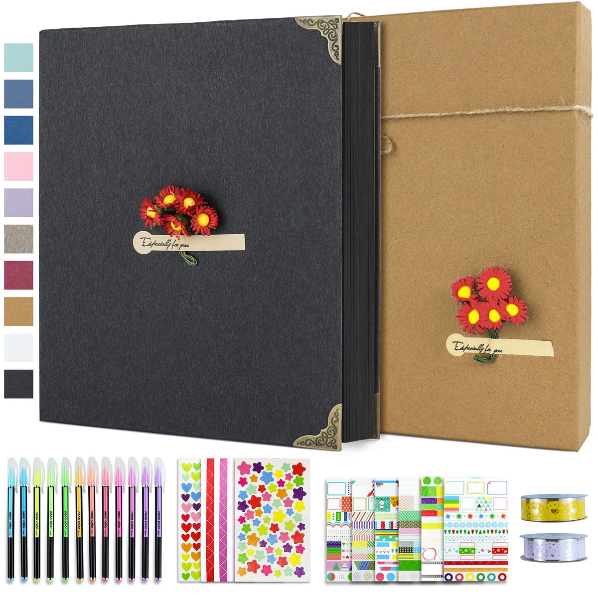 Vienrose DIY Scrapbook Photo Album Kit with Pens Tapes and Stickers 60 Pages Hardcover 8.5x11 Inches 3 Rings Removable Black Paper Scrapbooking for Lover Friends Kids Wedding Black