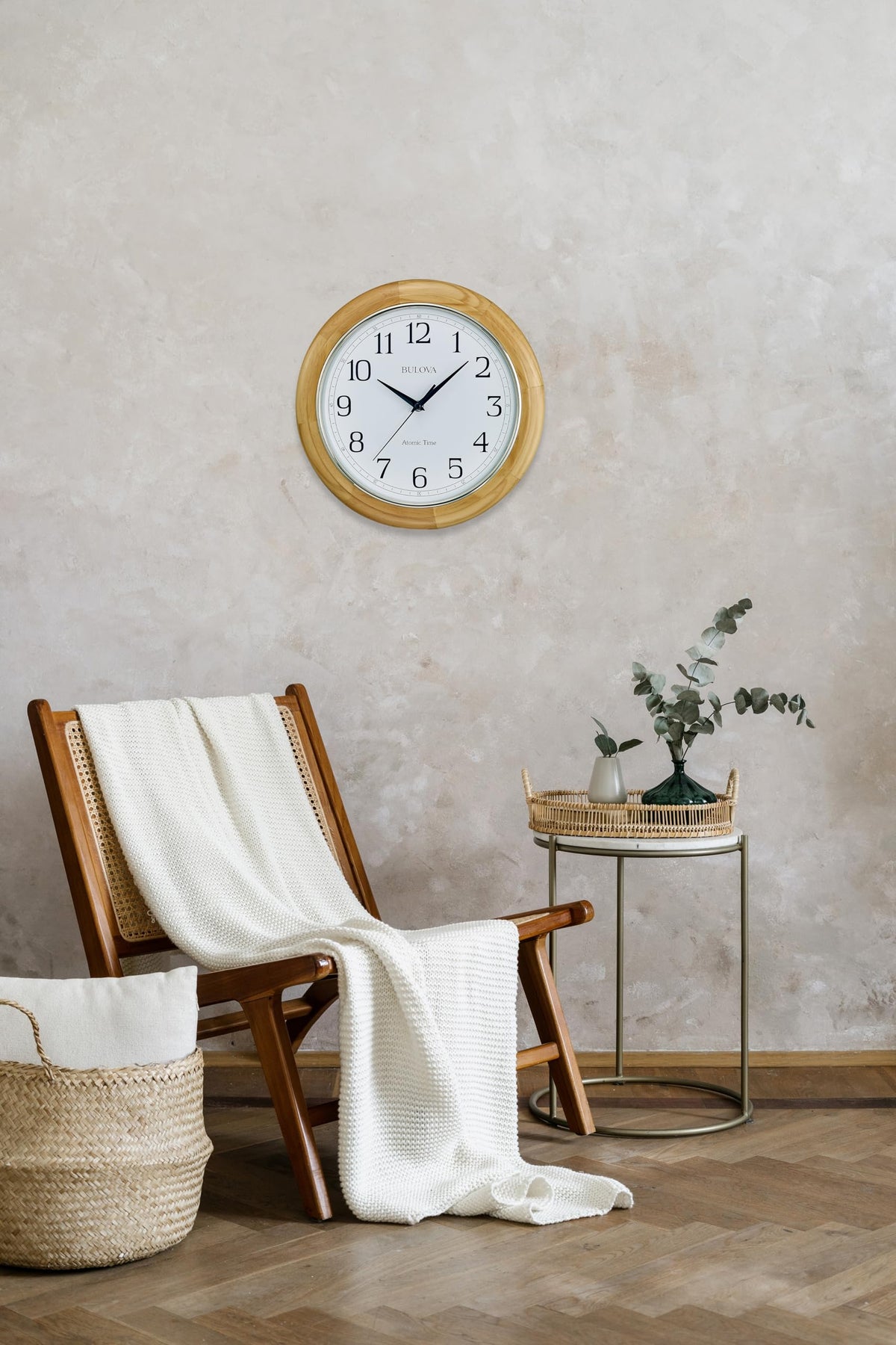Bulova C5005 Wooden Atomic Analog Wall Clock | Automatically Sets Time | Large Roman Numerals | Battery Operated | Traditional Design
