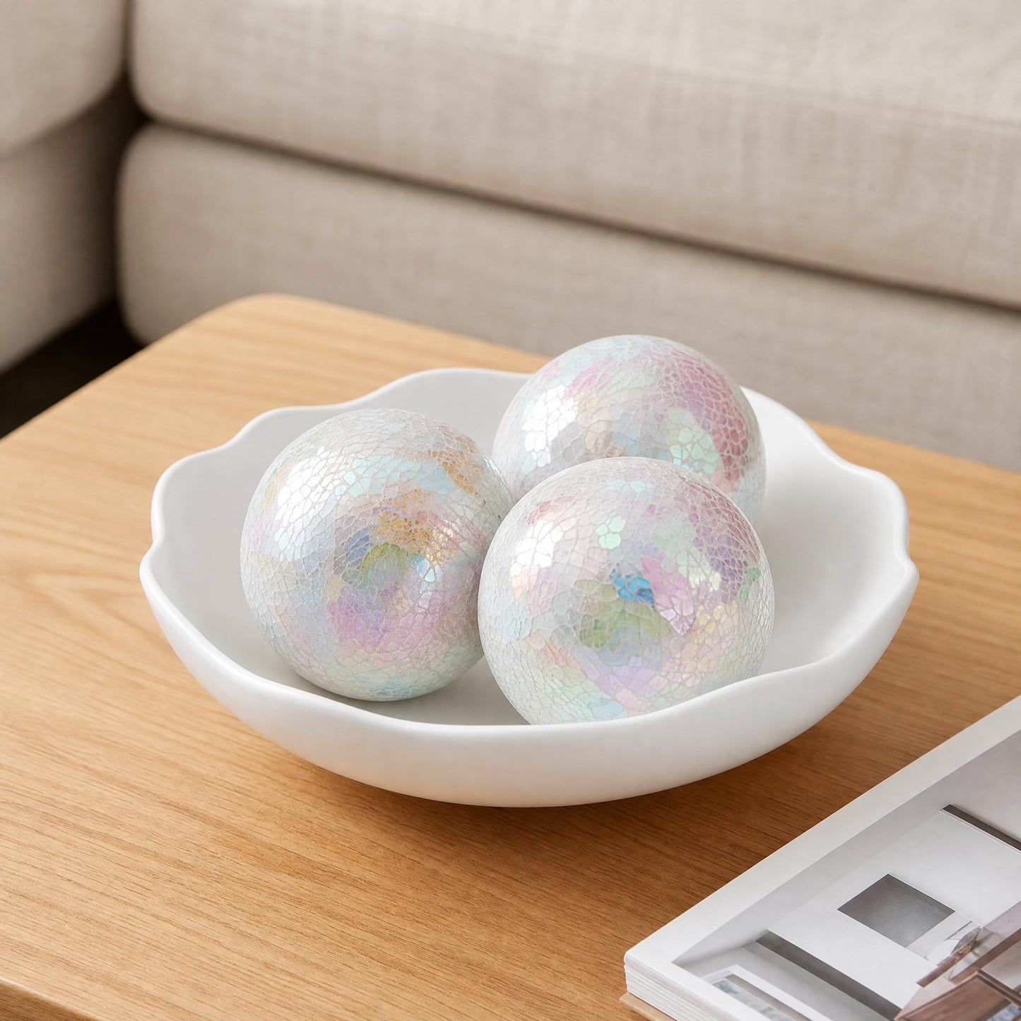 TOPZEA Set of 3 Decorative Balls, 4 Inch Glass Mosaic Orbs Sphere Bowl Fillers, Coffee Table Centerpiece Ball Ornaments for Living Room, Christmas, Holiday Party, White Home Decor