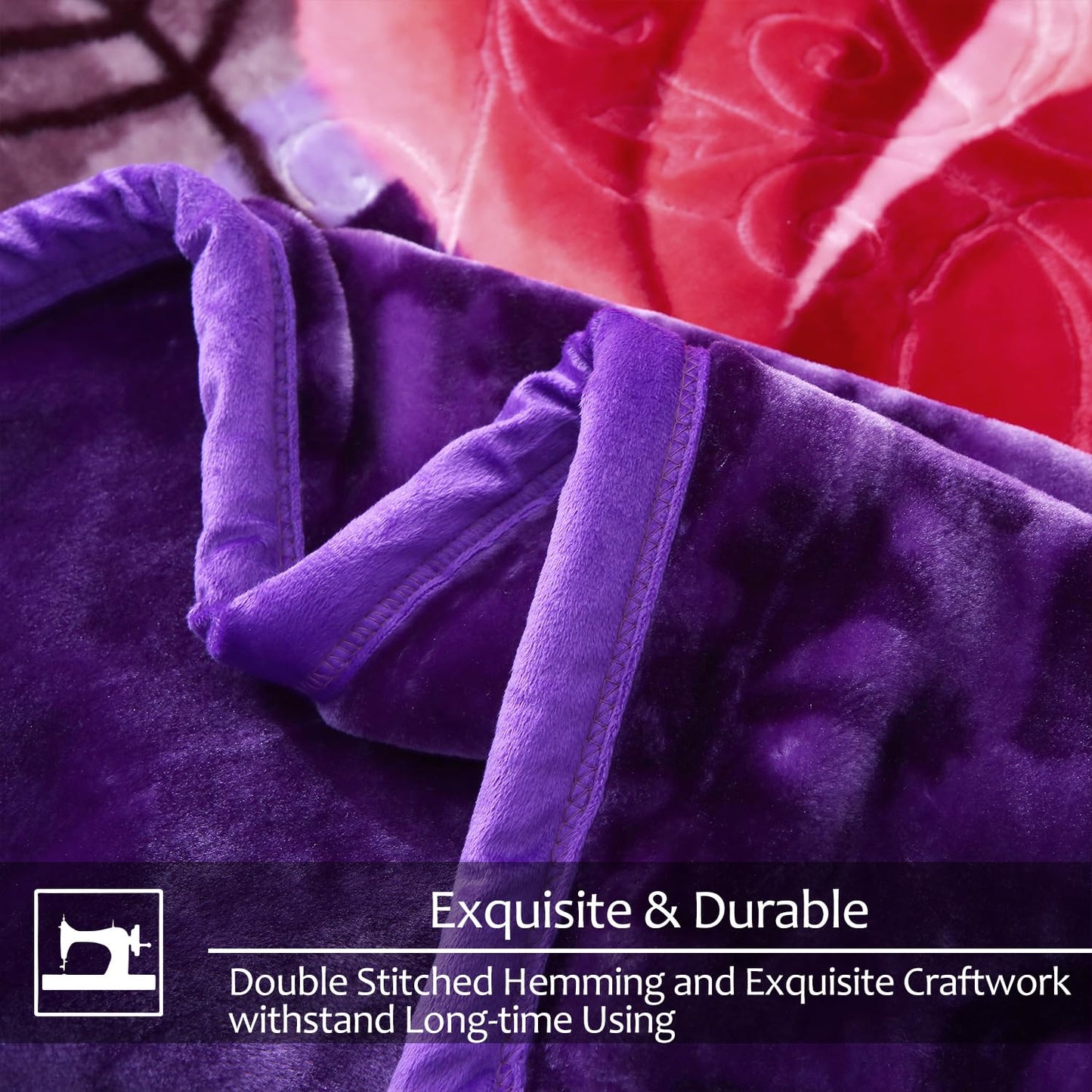 JYK Soft Korean Mink Blanket, 5 LB Fleece Queen 75'' x 87'' - 2 Ply Reversible 520GSM Super Soft Plush, Thick, Warm Bed Blanket for Autumn Winter - Purple, Rose/Camellia
