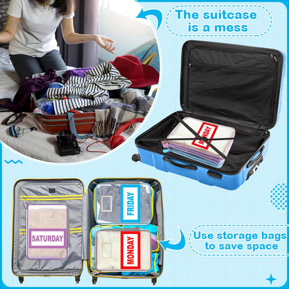 Honoson 14 Pack Packing Cubes for Travel Days of Week Packing Cubes with Labels Clear Zippered Storage Bag for Travel Summer Camp Essentials
