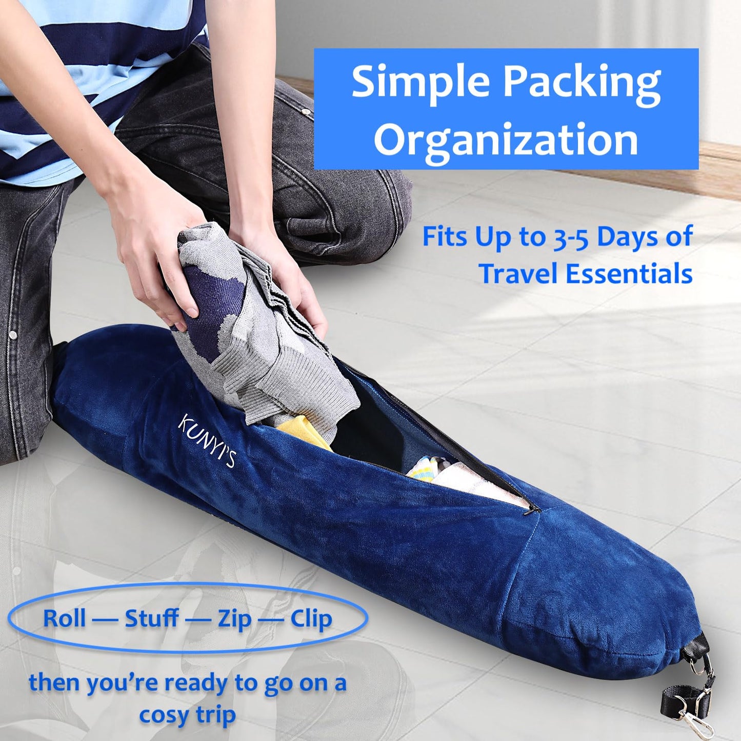 Kunyi's Travel Pillow You Stuff with Clothes As Carry-On Luggage Fits 5 Days of Travel Essentials Transformable Multifunctional Luggage Neck Pillowcase Soft Plush Stuff-able
