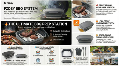 Collapsible BBQ Prep Tub with Lid & Cutting Board 8L - Meat Marinating Basin & Grill Carry System - 5pc Set with Heat Resistant Gloves, Basting Brush & Spatula(Black, Large, 8L)
