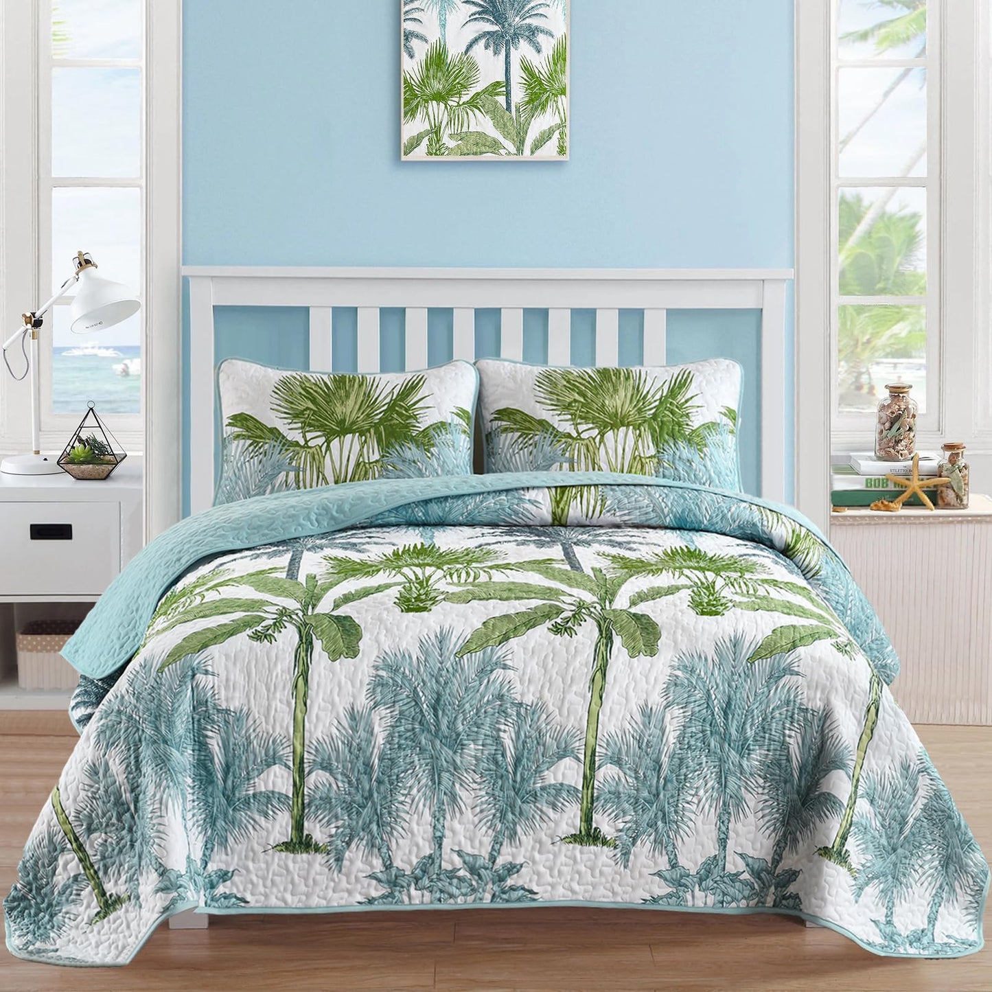 Luxudecor Tropical Plants Quilt Set Queen Size 3 Pieces Green and Blue Palm Botanical Bedspread Rainforest Style Bedding Set Soft Lightweight Bed Cover All Season 96"x90"