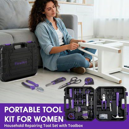 FlexiArc General Household Tool Set - Purple Hand Tool Kit with Waist Pouch & Gloves, Tool Kit for Women Everyday Home Repairs, DIY and Crafts, 112 pcs