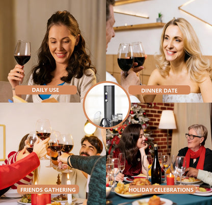 Rechargeable Electric Wine Opener 7-in-1 Gift Set, Automatic Wine Bottle Opener with Charging Base, Foil Cutter, Aerator Pourer & 2 Vacuum Stoppers for Wine Lovers