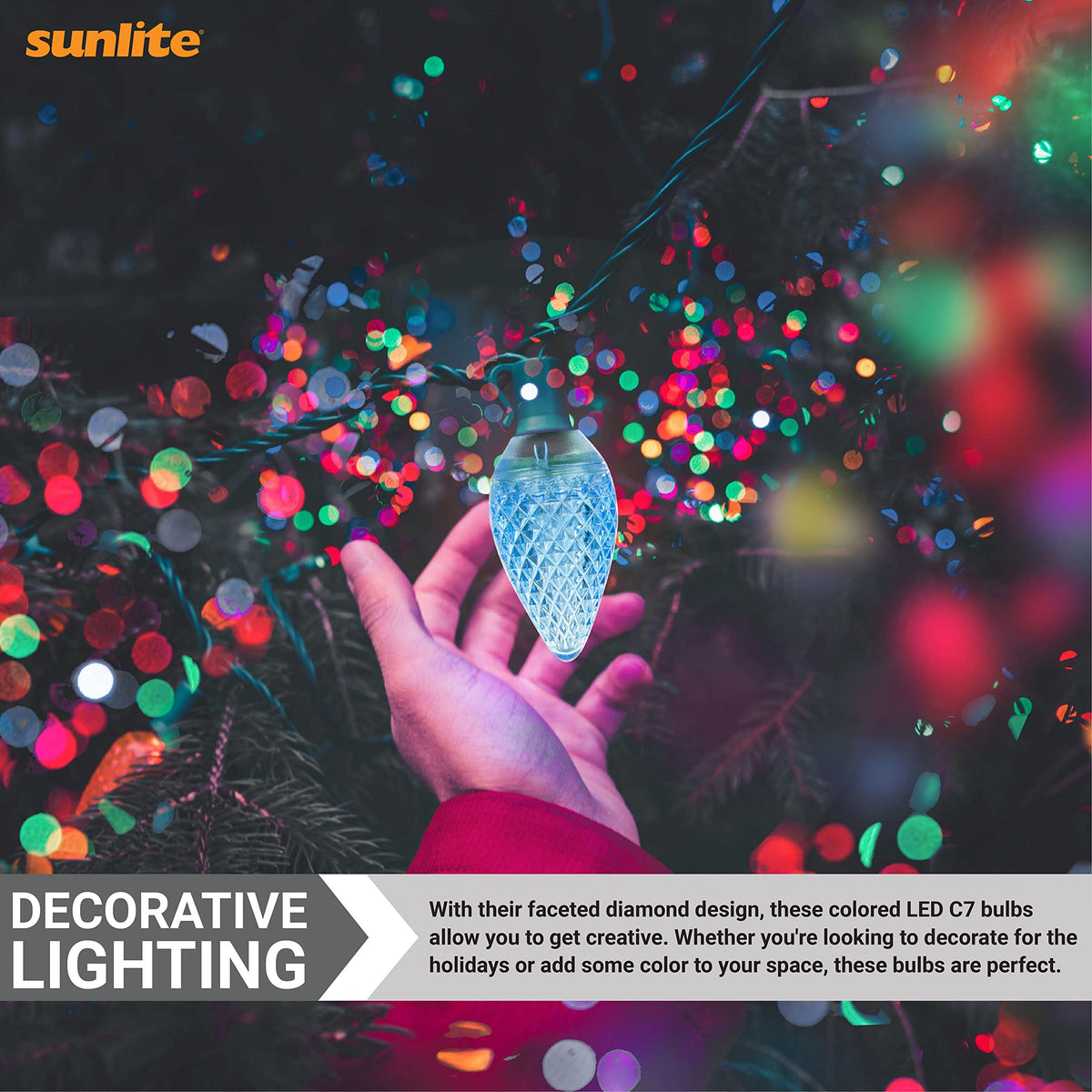 Sunlite 40458 LED C7 Holiday Decorative Light Bulb, 0.4 Watts, E12 Candelabra Base, Faceted Christmas-Lights; Nightlight, Blue 24 Count