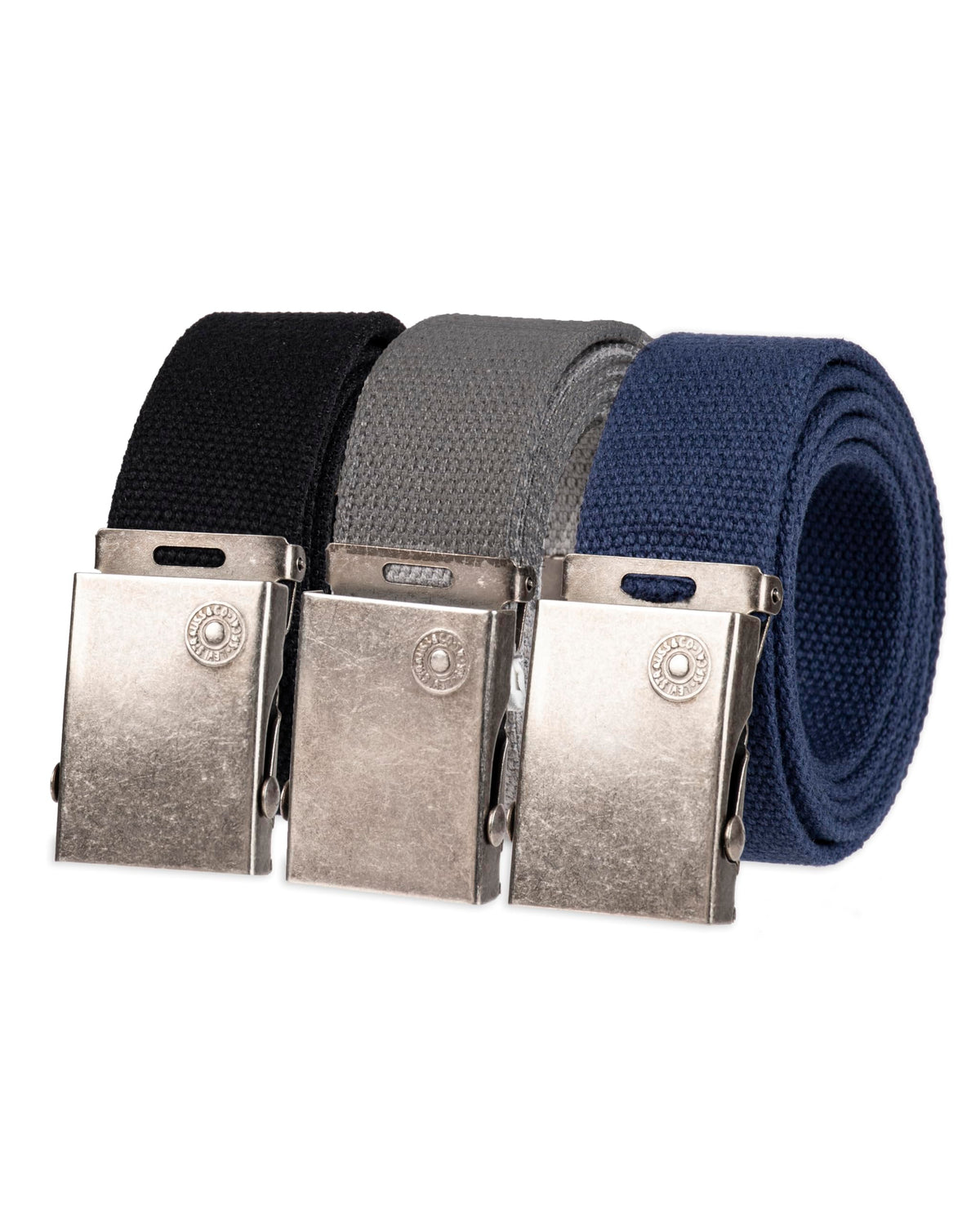 Levi's All-Gender Casual Cut-to-Fit Web Belt Set –3 Pack Straps with One Interchangeable Buckle, Black/Blue/Grey, One Size