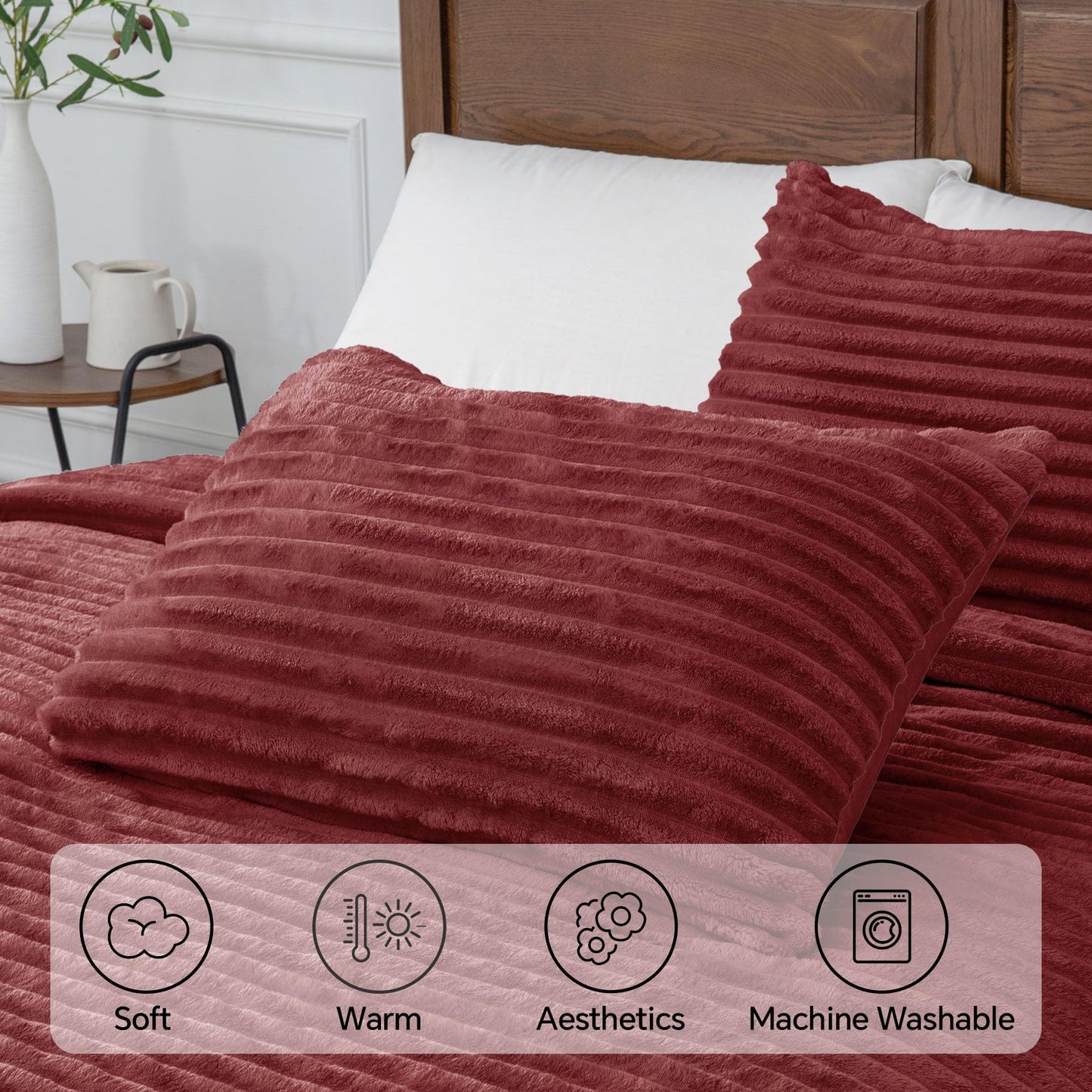 BEDELITE Fleece Queen Comforter Set -Super Soft & Warm Fluffy Burgundy Bedding, Luxury Fuzzy Heavy Bed Set for All Season with 2 Pillow Cases