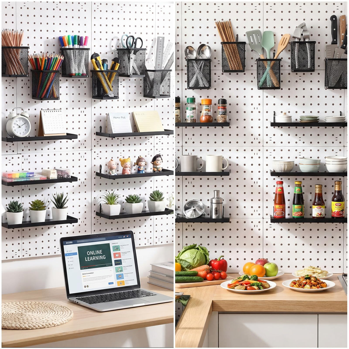 Tosstuki 12 Pack Pegboard Organizer Accessories - 6 Pegboard Pencil Cups Holder Peg Board - 6 Shelves Metal Shelf Brackets - Tools Storage Arrange System Kit for Office Garage Room