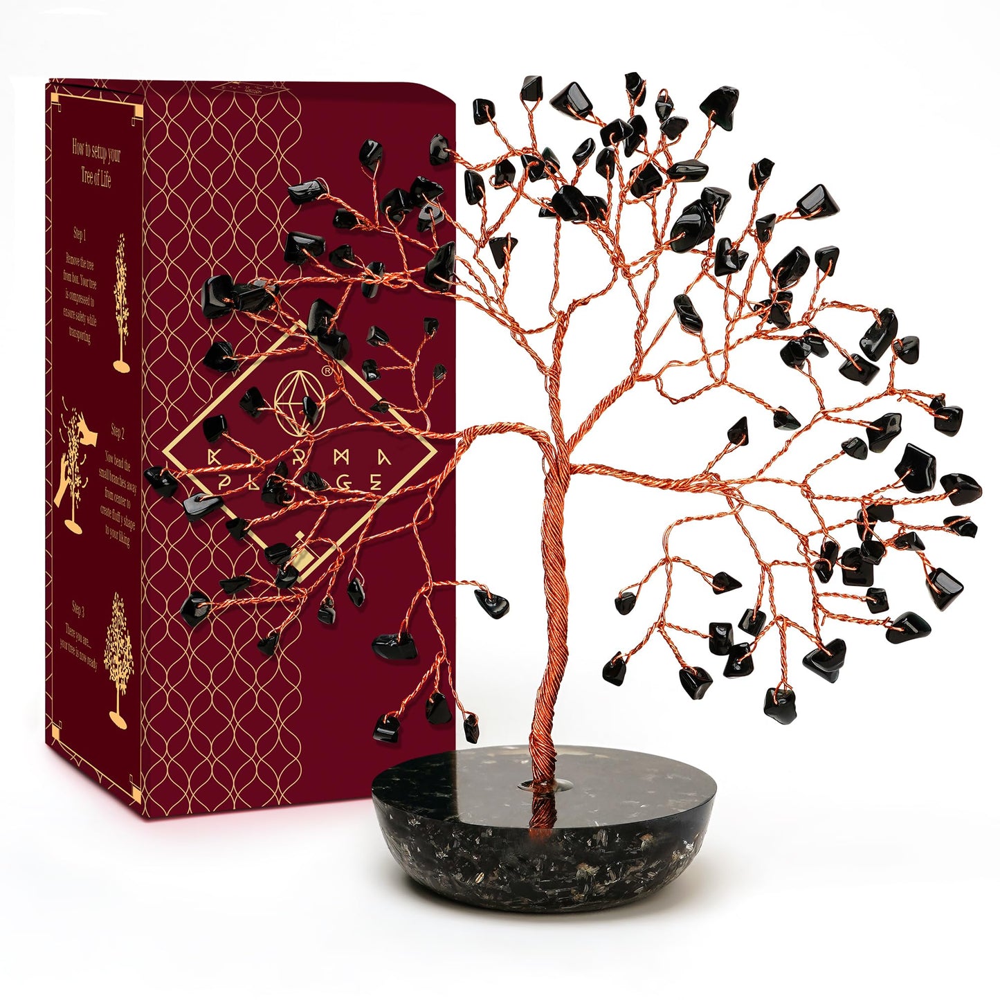 KARMAPLEDGE 7 Chakra Black Obsidian Crystal Tree of Life Positive Energy & Good Luck, Money, Feng Shui Decor, Home and Office Desk Decoration, Spiritual Gifts for Women, for Dad