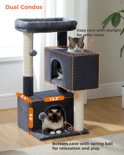 UYMI 32" Cat Tree Tower for Indoor Cats - 2 Cozy Condos, Multi-Level Cat Scratching Posts with Sisal, Soft Padded Perch, 2 Dangling Toys, Dark Grey