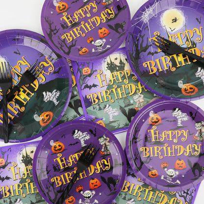 Tevxj 96PCS Happy Birthday Halloween Tableware Set Halloween Dinnerware Disposable Dessert Plates Birthday Party Plates Napkins Forks for Halloween Party Decorations Supplies 24 guests