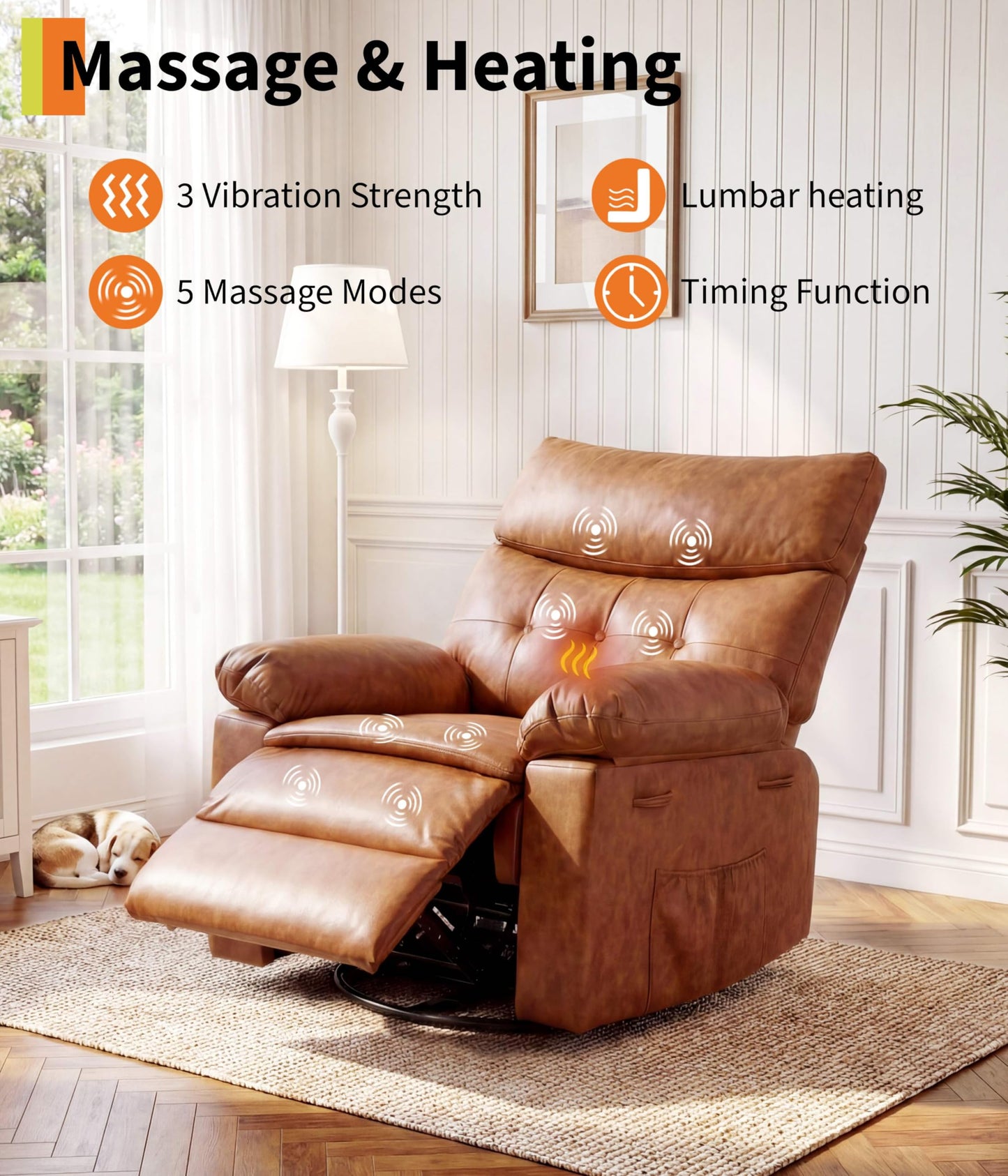 Garvee Oversized Swivel Rocker Recliner Chair - Heat and Massage, Leather Manual Recliner for Adults, Lazy Chair with Comfort Arms and Back Single Sofa for Living Room