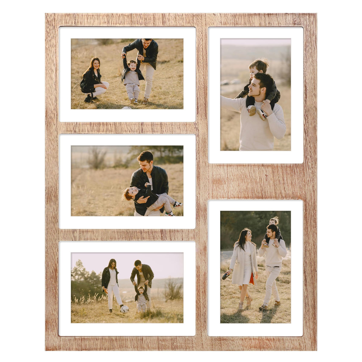 YESKAY 4x6 or 5x7 Picture Frames, Rustic Brown Wooden Frame with Real Glass, Displays Pictures Five 4x6 with Mat or 5Pcs 5x7 without Mat for Wall Mounting, Photo Collage Frame