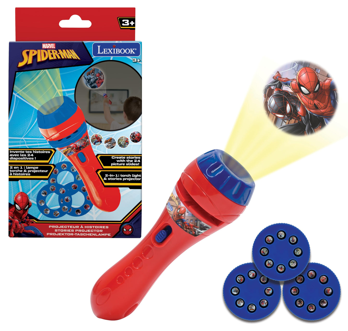 LEXIBOOK Stories projector, Spider-Man torch light and projector with 3 discs, 24 images, create your own stories, LTC050SP