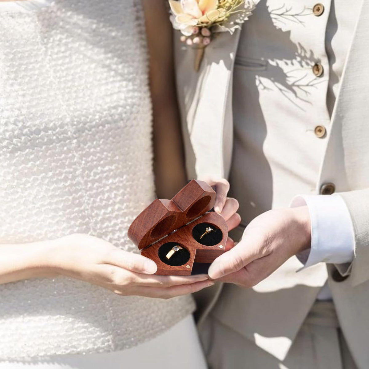 Handicraftviet Ring Box Mr and Mrs – Handmade Heart Shape Ring Box for Wedding Ceremony, Wedding Ring Holder Small Engraved for Engagement/Proposal, Rustic Ring Boxes (Wood Ring Holder)