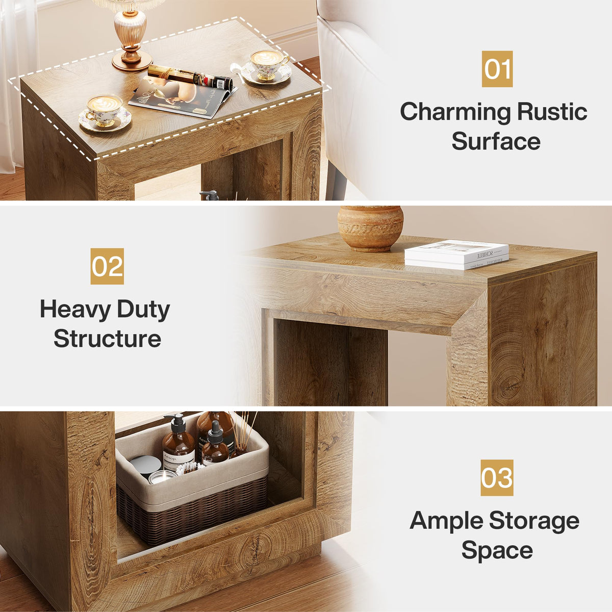 Tribesigns Rustic Wood End Table, 2 Tiered Square Side Table with Storage Shelf, Industrial Sofa Side Table for Living Room, Entrance (1, Wood)