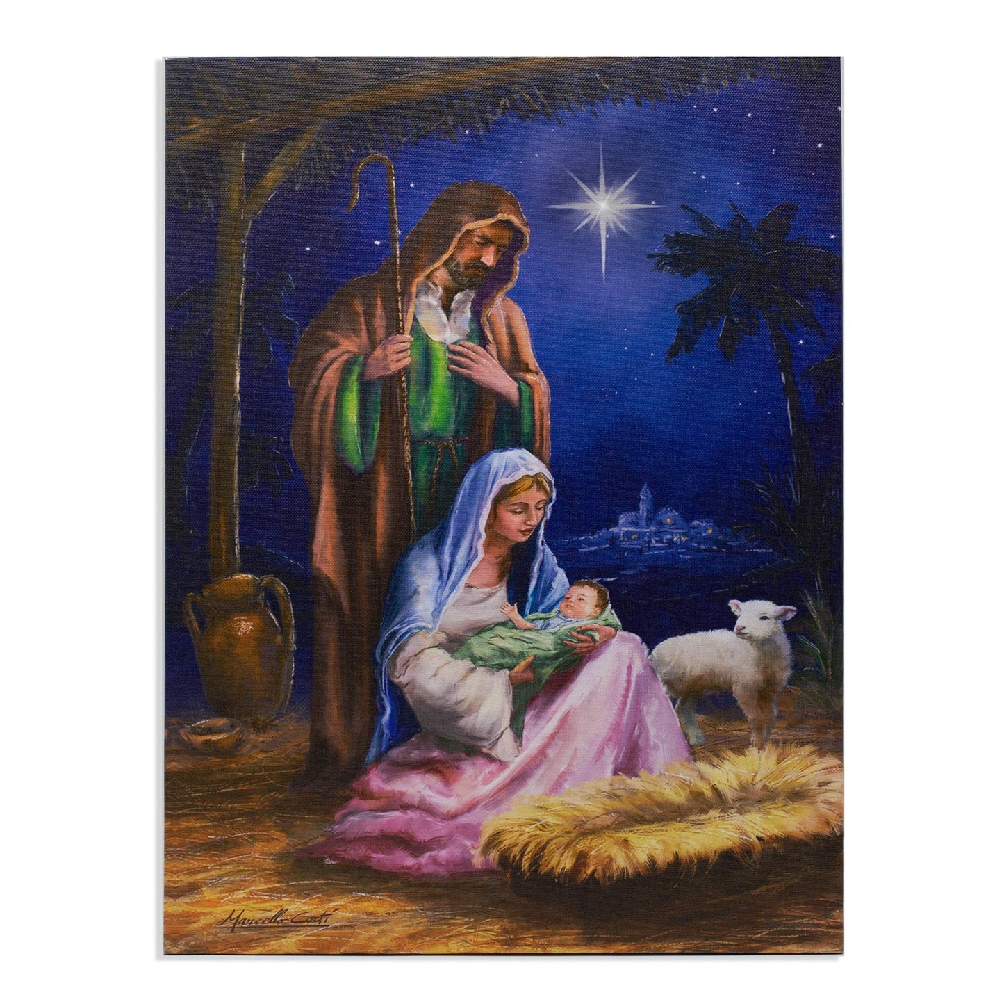 Nativity Lighted Canvas Wall Art - Light Up Holy Family Picture - LED - Mary Joseph and Baby Jesus in a Manger -Stable Scene - Measures 15.75" x 11.75"