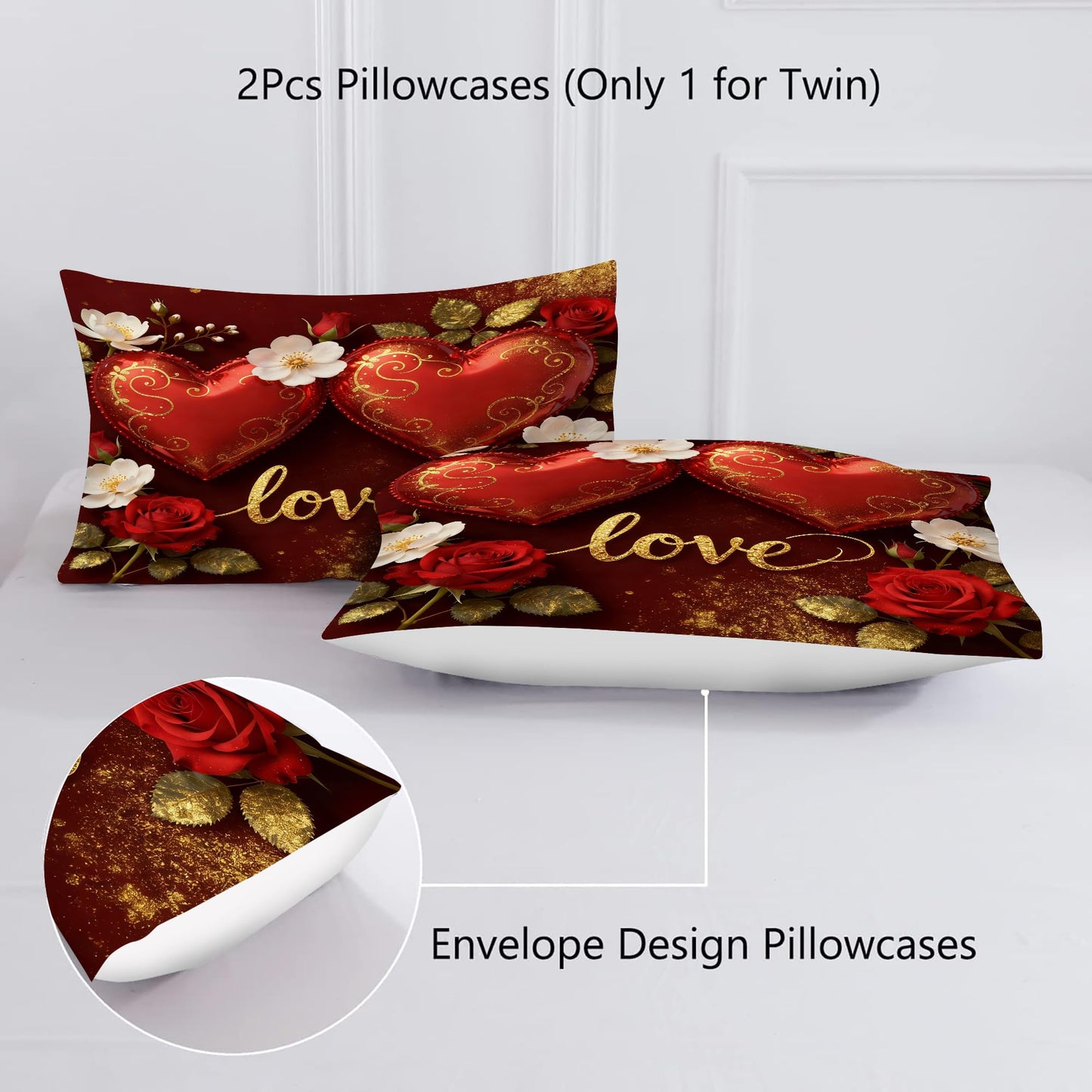 VTKON Love Heart Bedding Set Queen Size 3 Piece Romantic Red Rose Comforter Set for Women Golden Glitter Love Bed Sets Valentine's Day Duvet with 1 Comforter 2 Pillow Cases