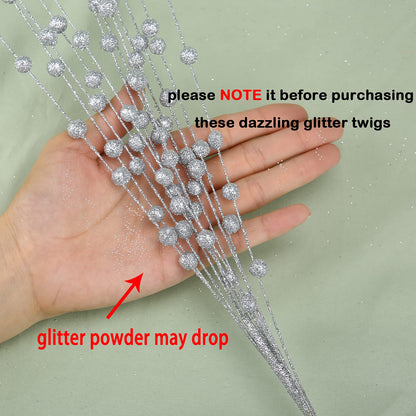 GREENTIME 10 Pack Silver Artificial Glitter Berry Stem Ornaments 15.7 Inches Fake Christmas Picks Decorative Glitter Sticks for Vase Christmas Tree DIY Wreath Crafts Fireplace Decor
