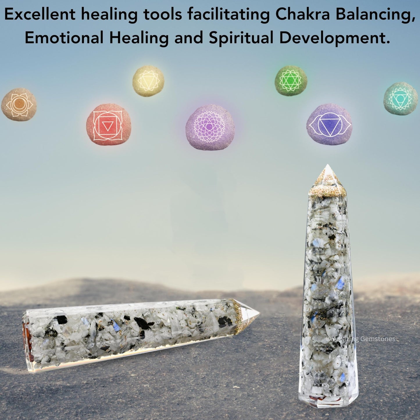 Amazing Gemstone Rainbow Moonstone Orgonite Orgone Crystal Towers - Large 4.5" Orgonite Crystal Wand Obelisk Tower Point for Meditation, Crystals and Healing Stones Gift and Protection