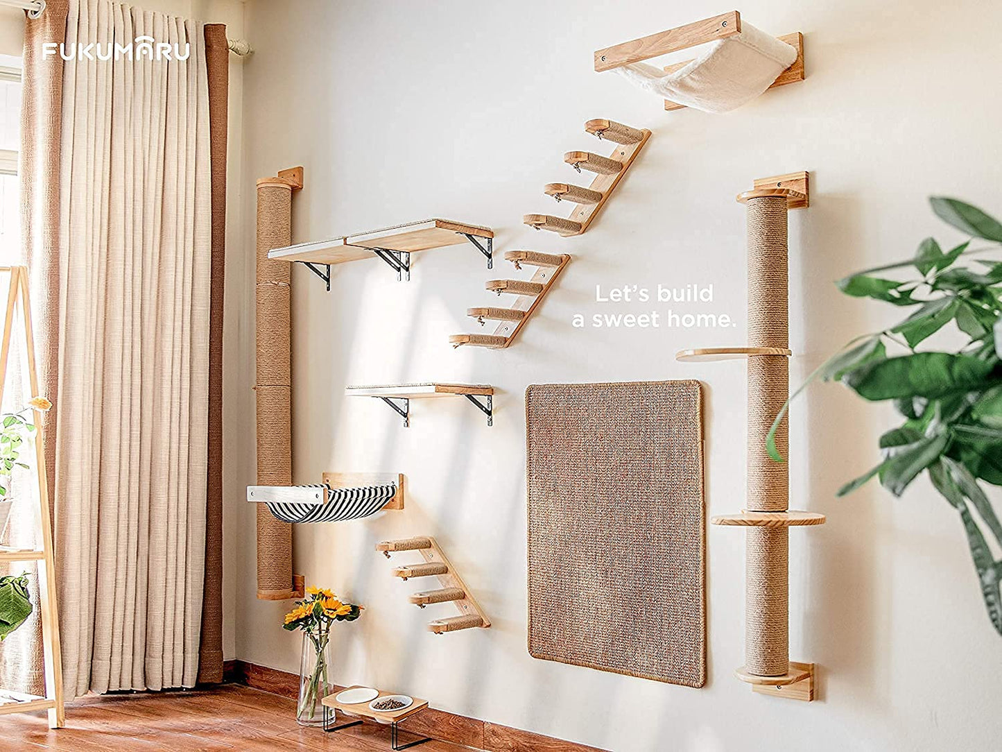 FUKUMARU Cat Activity Tree with Scratching Posts, Wall Mounted Jute Scratcher Pine Hammock