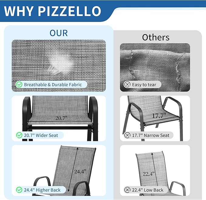 PIZZELLO Patio Chairs Set of 8 - Outdoor Stackable Dining Chairs for All Weather - Lightweight Textilene Outdoor Chair Sets with Armrests - 330Lbs Capacity - for Backyard Garden Porch Poolside (Grey)