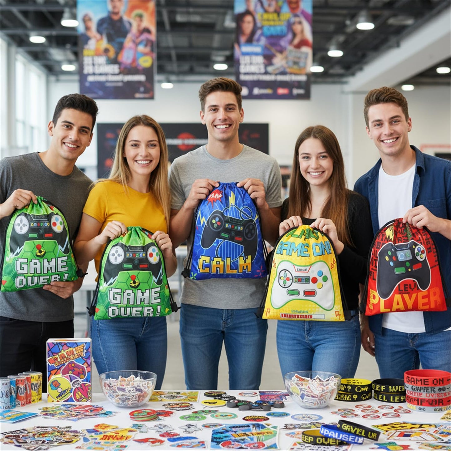 Sadnyy 140 Pcs Gaming Party Favors Video Game Birthday Decorations Supplies Drawstring Bags with Silicone Bracelets Keychains Straws Button Pins Stickers for Party Rewards Goodie Bags Stuffers