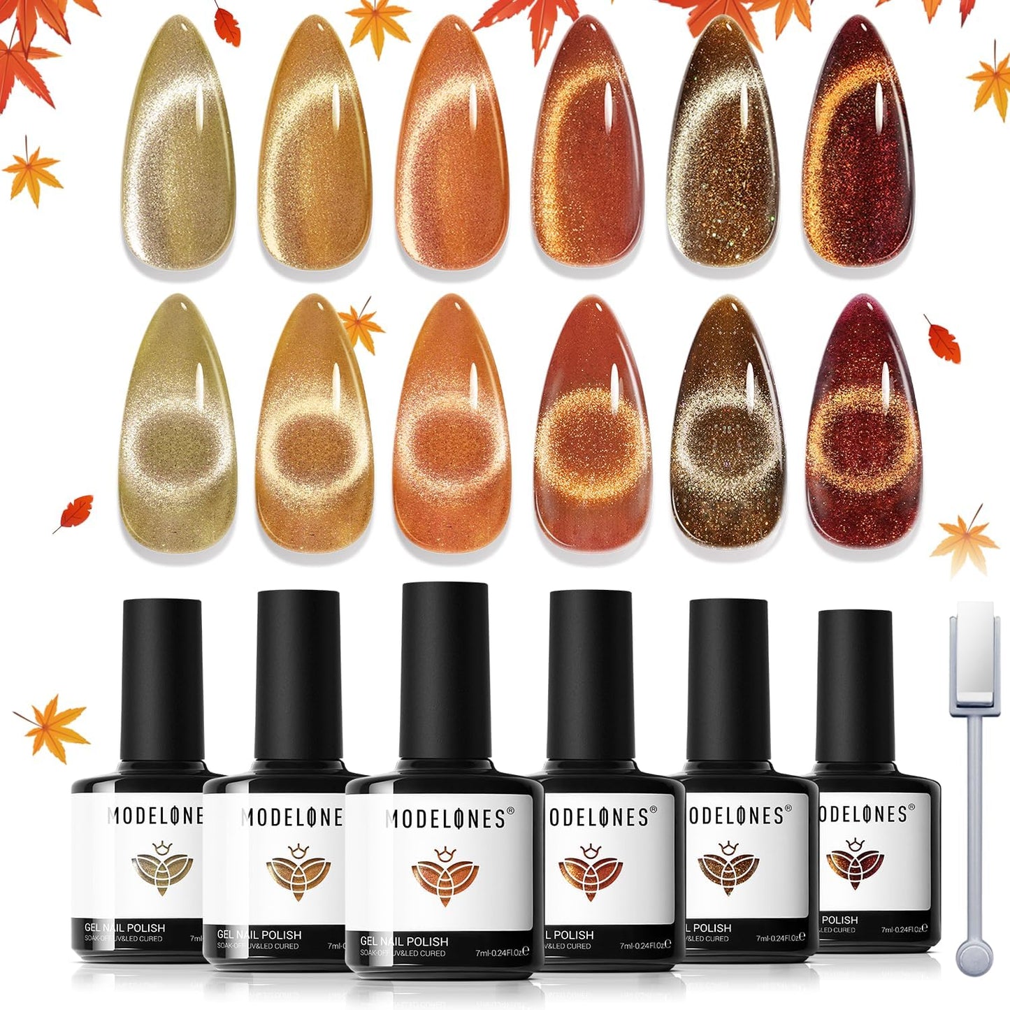 modelones Cat Eye Fall Gel Nail Polish Set 6 Colors Yellow Gold Orange Brown Nude Glitter 9D Cat Eye Gel Polish Halloween Maple Gel Polish with Magnet Soak Off Led Nail Art DIY Salon Gifts For Women