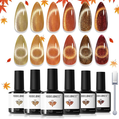 modelones Cat Eye Fall Gel Nail Polish Set 6 Colors Yellow Gold Orange Brown Nude Glitter 9D Cat Eye Gel Polish Halloween Maple Gel Polish with Magnet Soak Off Led Nail Art DIY Salon Gifts For Women