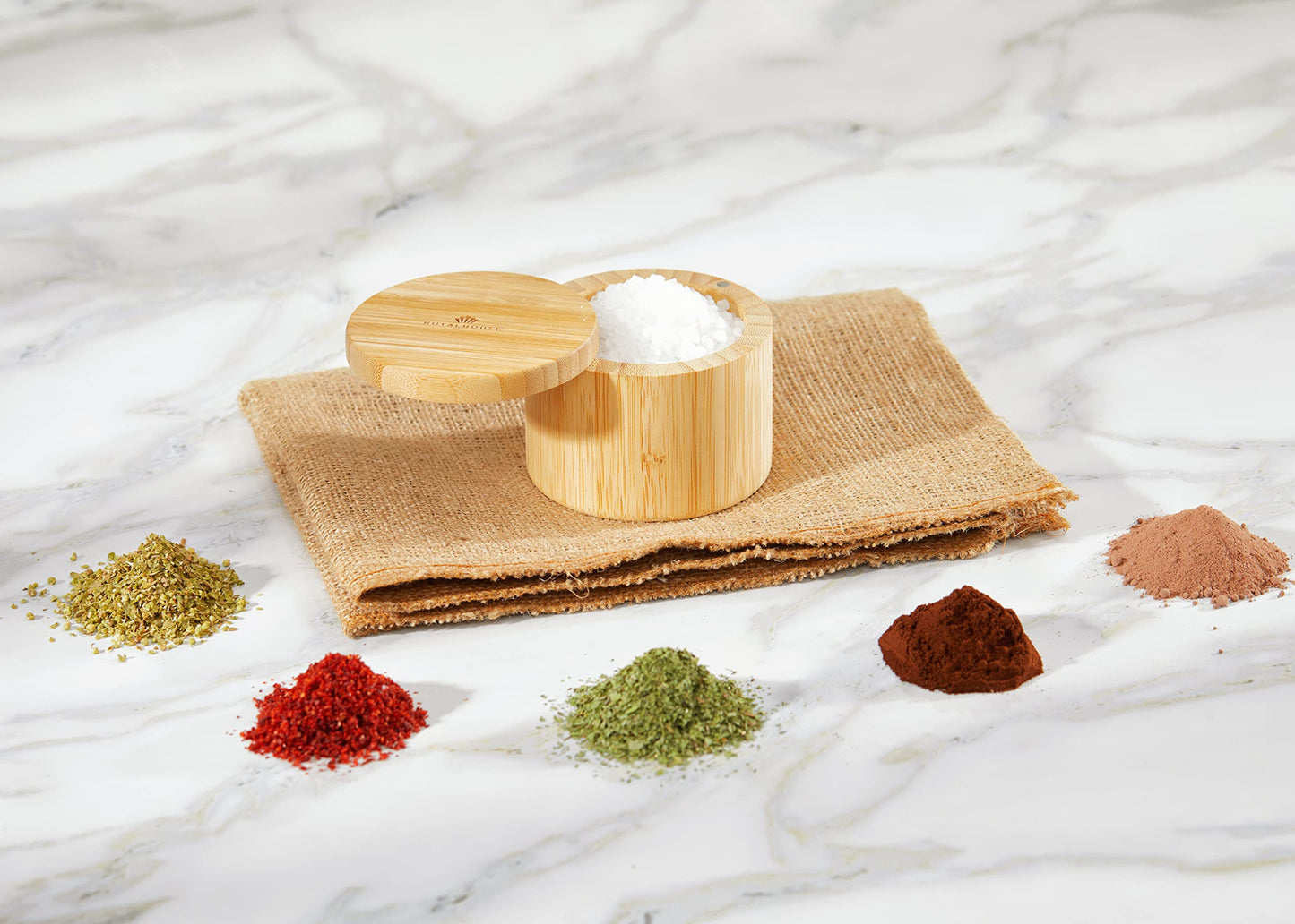 RoyalHouse 6 Oz Capacity Natural Bamboo Salt and Pepper Holder With Bamboo Lid, Salt Cellar With Magnetic Swivel Lid, Healthy Storage Box For Herbs Or Favorite Seasonings (Pack of 4)