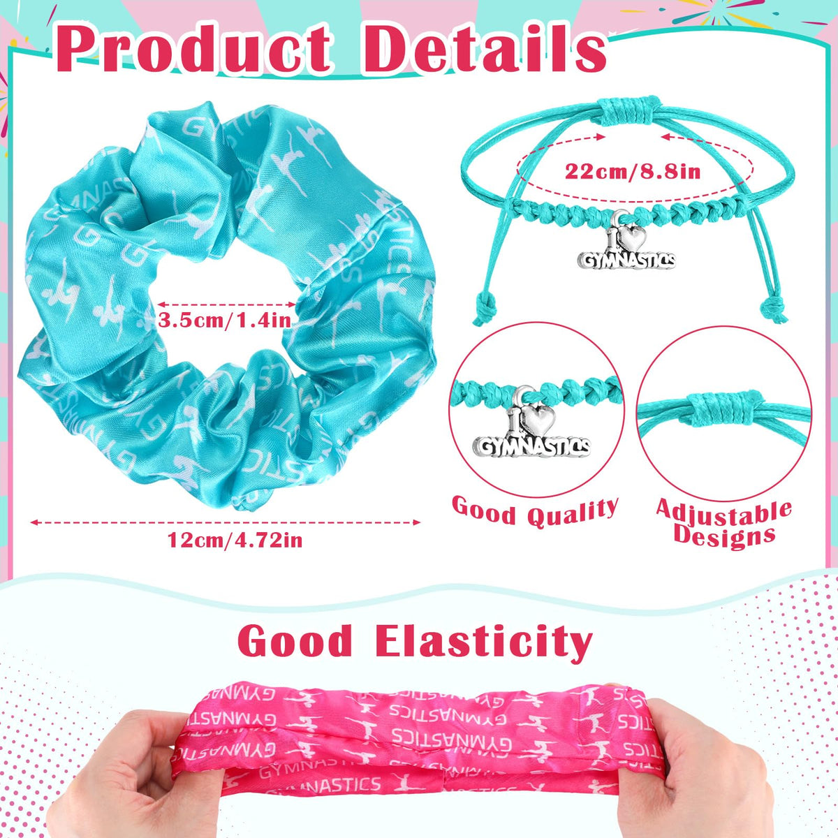 Abbylike 49 Pcs Gymnastics Party Favor Set 12 Makeup Bag 12 Bracelet 12 Drawstring Backpack 12 Hair Ties 1 Set Gymnastic Stickers for Women Girl Gym Sport Yoga