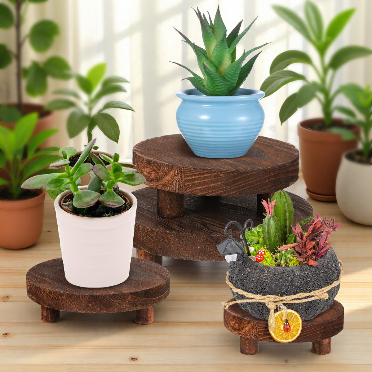 FdcZeyxior 4 Pcs Round Wood Risers Display Stands Wooden Risers for Table Display Mini Riser Stand Rustic Wooden Riser Holder Tiered Tray for Home Decor Kitchen Counter 4 Sizes Brown