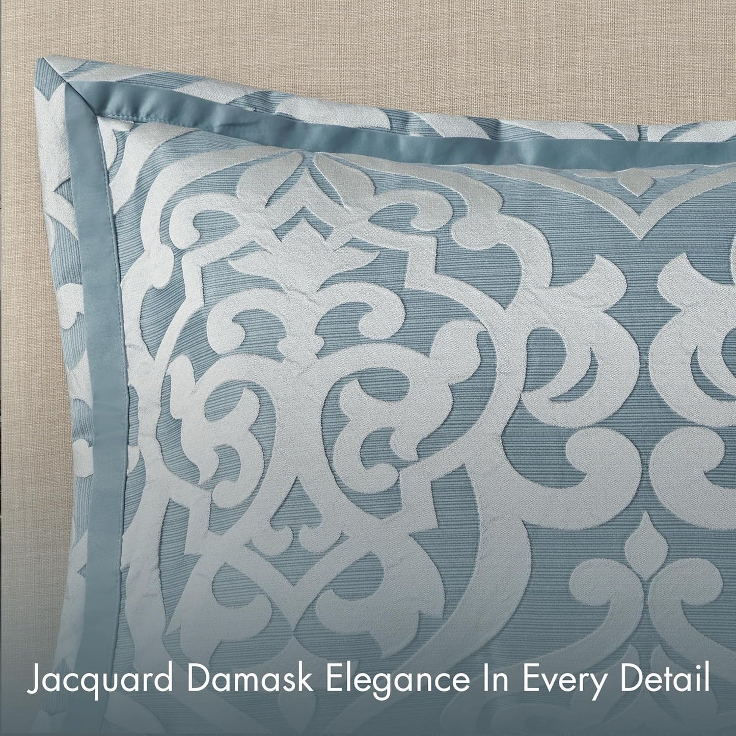Madison Park Odette Cozy King Size Comforter Set Jacquard Damask Medallion Design - Modern All Season, Down Alternative Bedding, Shams, Decorative Pillows, King(104 in x 92 in), Aqua
