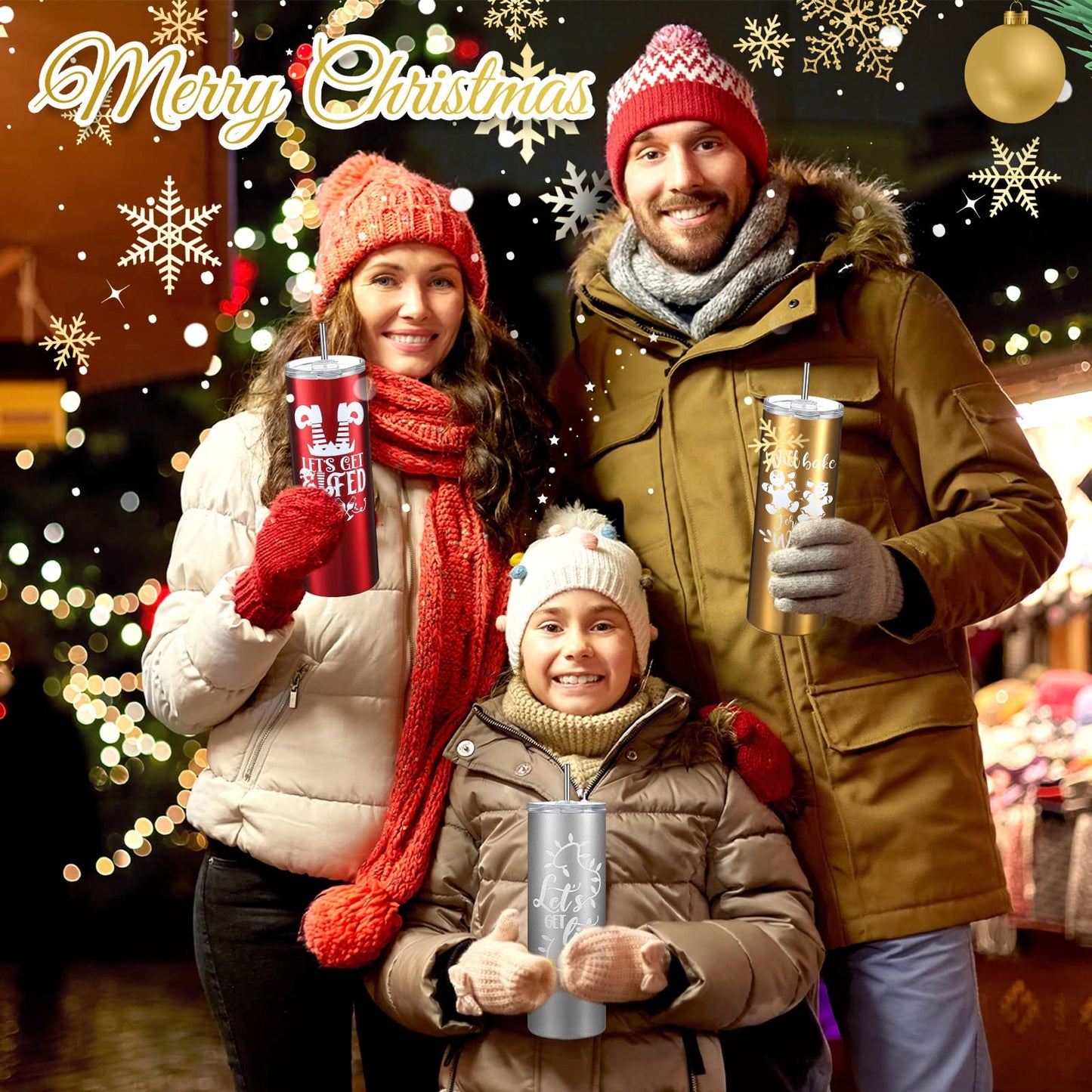 Maxdot 4 Pcs Christmas Tumbler with Lid and Straw Stainless Steel Christmas Cup Double-Insulated Water Travel Mug Vacuum Tumbler with Cleaning Brush Xmas Gift(Funny Style,Red/green/gold/silver)