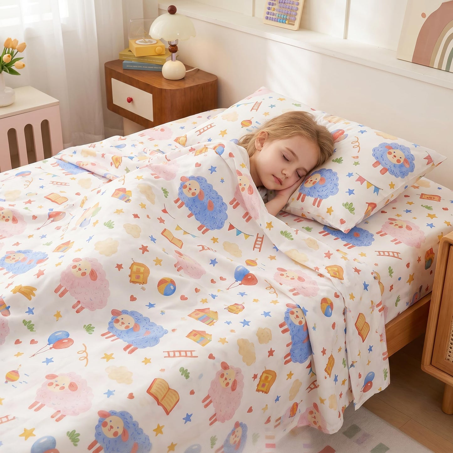 YIYEA 100% Cotton Kids Sheets, Ultra Soft Cozy Cute Bed Sheets Set for Girls, Boys, Teens, 16" Deep Pocket, 3PC, Twin
