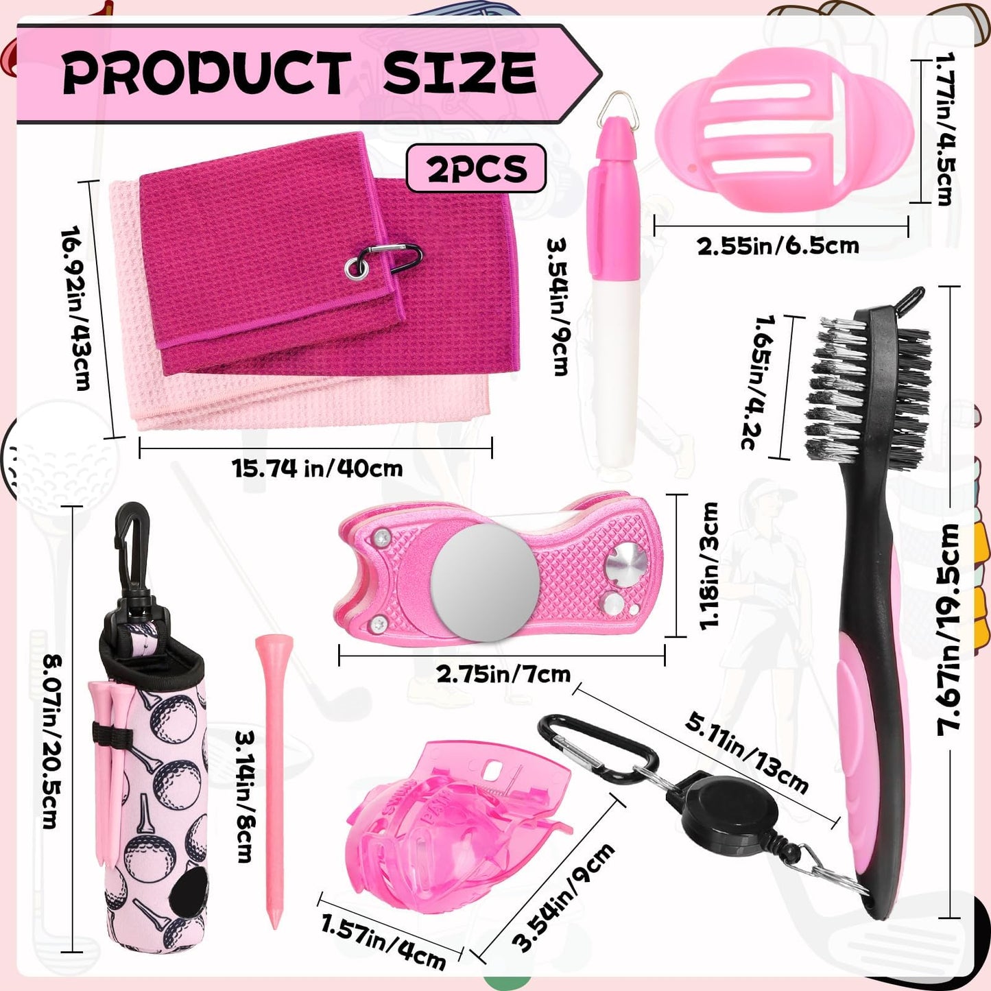 21 PCS Pink Golf Accessories Kit Golf Club Cleaning Kit Club Groove Cleaner Brush Divot Repair Tool Golf Towel with Clip Ball Bag with Hook Golf Ball Alignment Kit Marking Pen Golf Gift Set Women Men