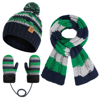 Boys Winter Hat Scarf and Gloves Set for Kids Warm Knitted Hat Mittens and Fleece Neck Warmer Scarf Set for Boys Girls 3pcs