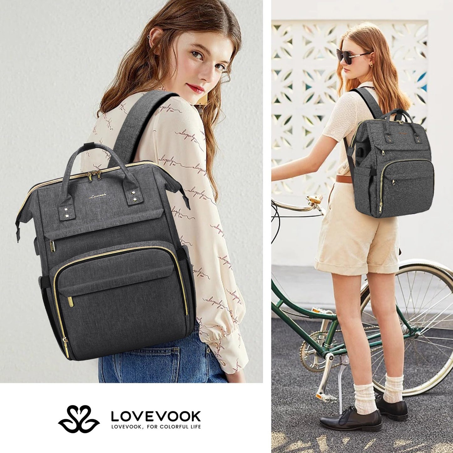 LOVEVOOK Laptop Bags for Women 15.6 Inch Rucksack Womens Waterproof School Backpack Fashion with USB Charging Port for Work College, Dark Gray