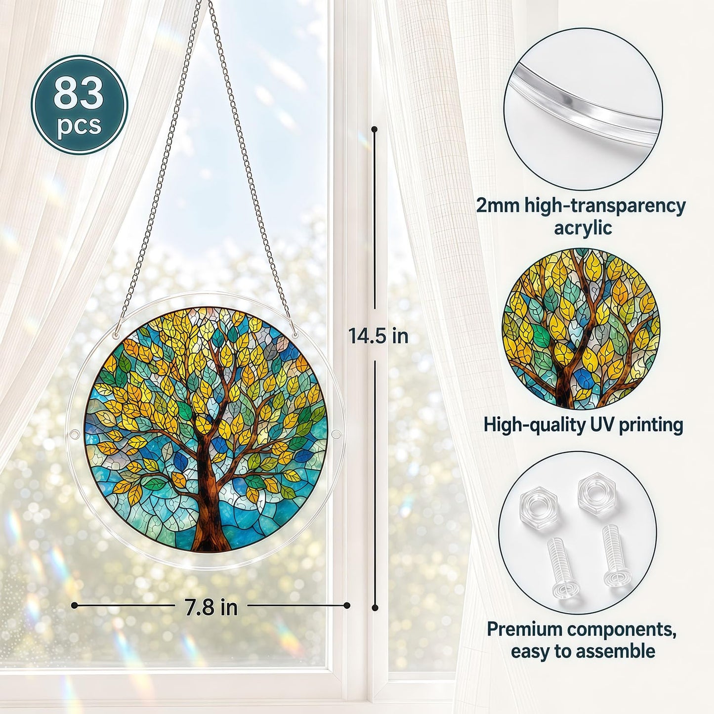 Acrylic Jigsaw Puzzle Suncatcher, Golden Tree Acrylic Puzzle Suncatcher for Adults, DIY Acrylic Jigsaw Art & Puzzle Window Hanging Ornament, Creative Home Decor Ornament with Whimsical Pieces